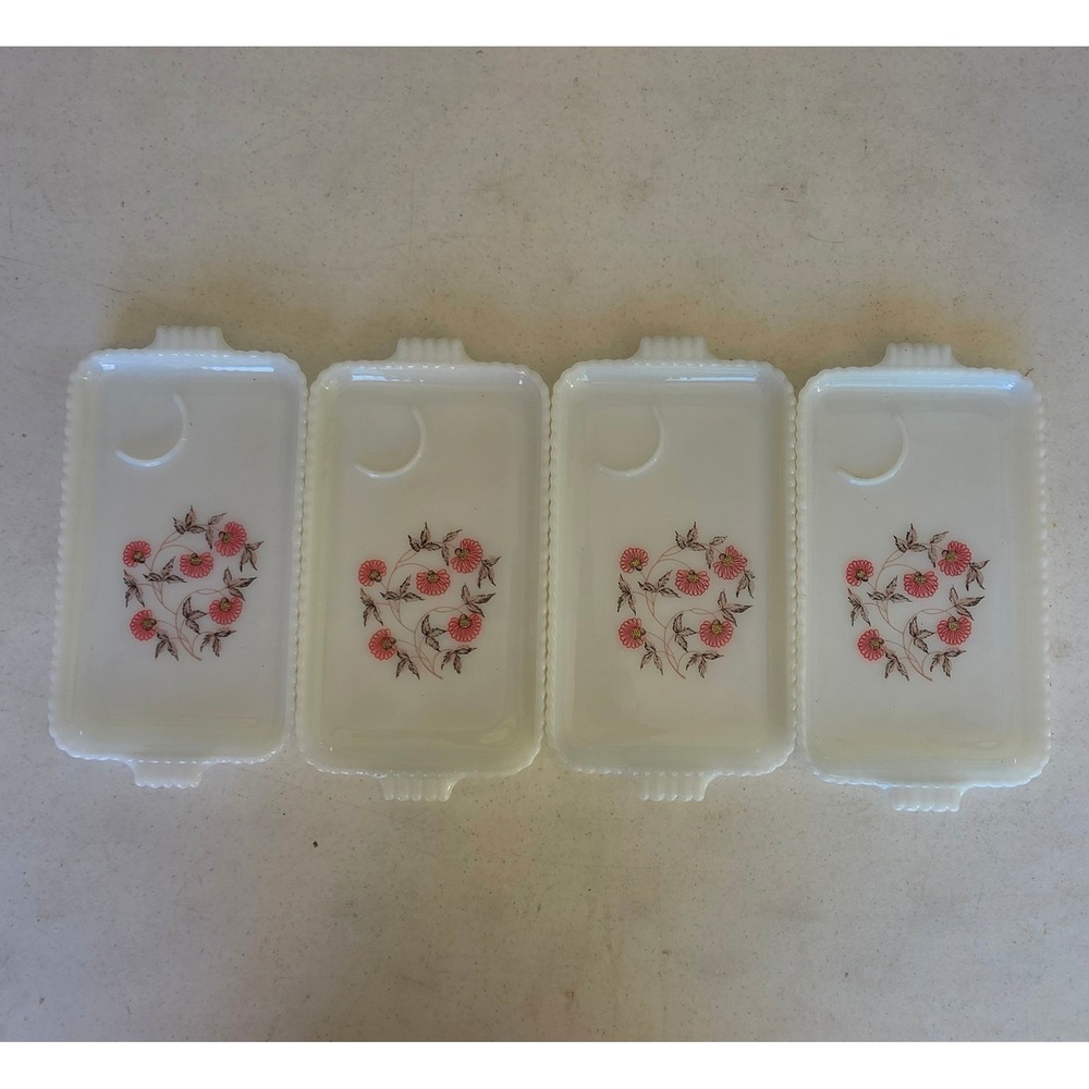 Anchor Hocking Fire King Fleurette Snack Platter Milk Glass Vintage 4 Piece Set